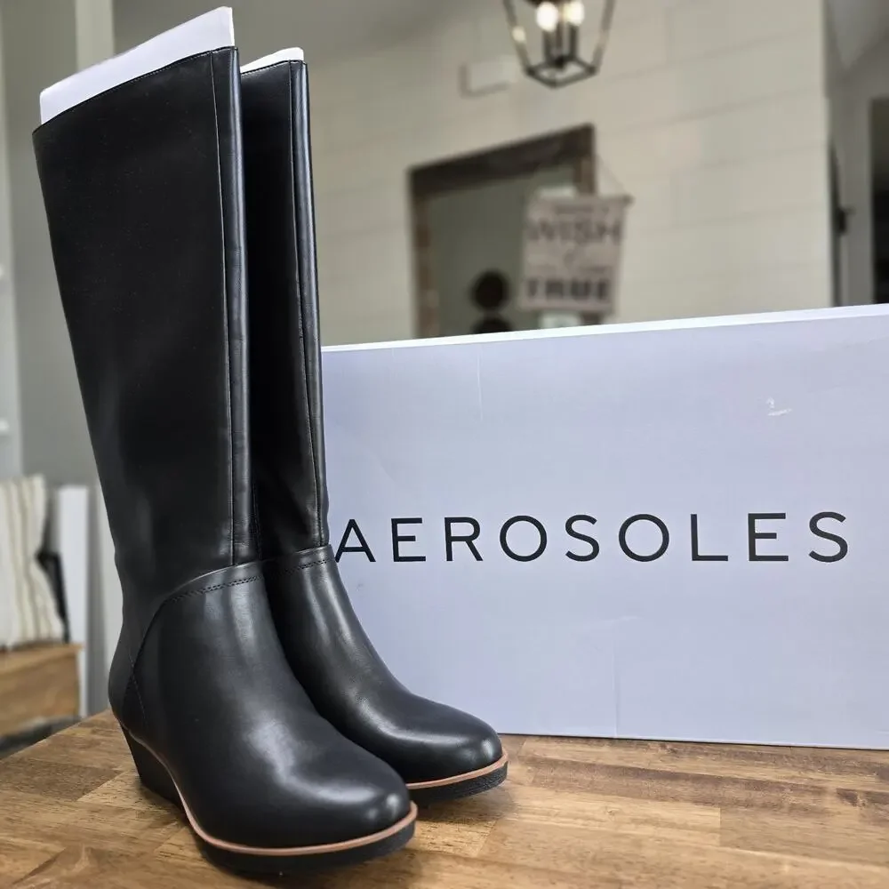 Aerosoles‎ Binocular Knee High Boots Size 7M Black Wedge Heel Women's NEW